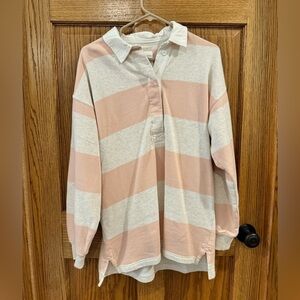 NWOT Aerie Prep Rally Rugby Sweatshirt, Heather Tan & Pink
